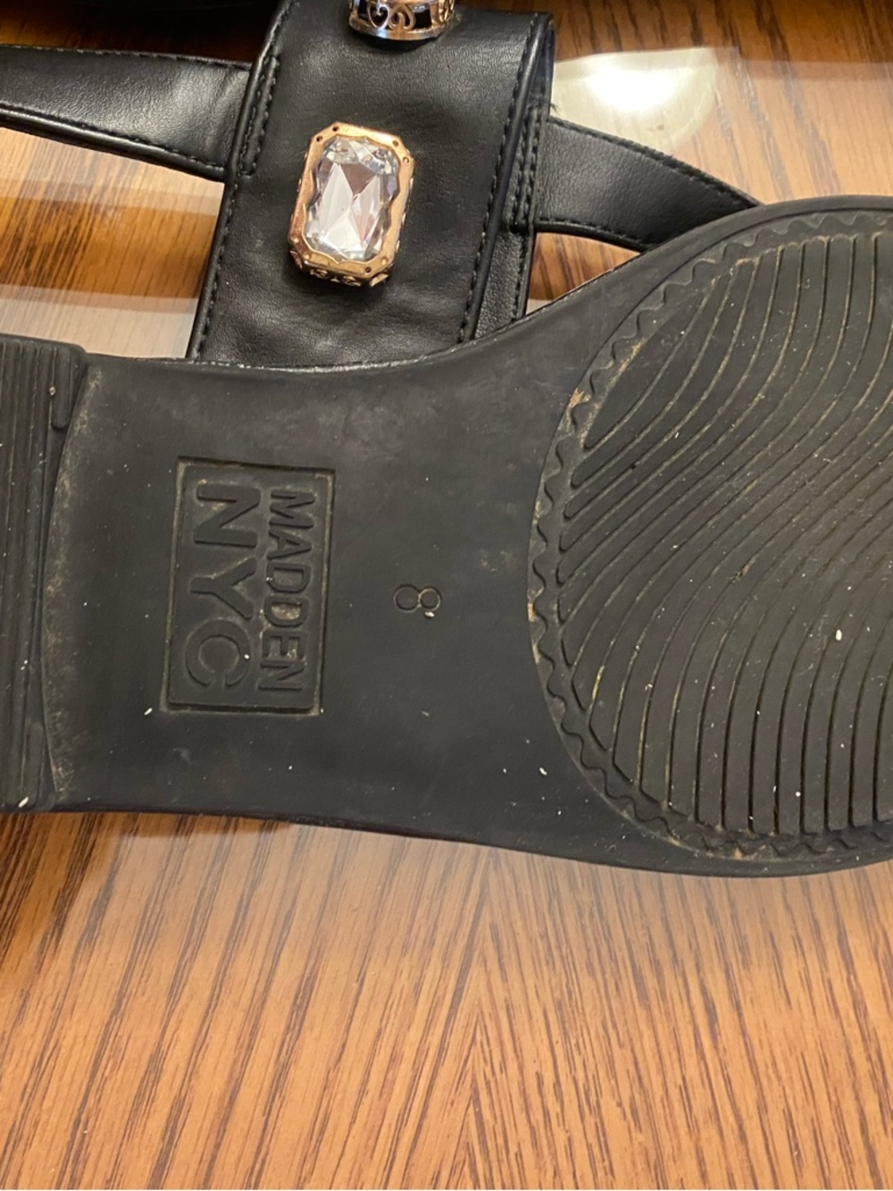 Black Jeweled T-Strap Sandals with Gold Accents - Women - Picture 3 of 3